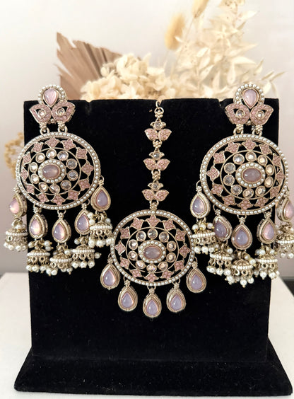 Earrings & Tikka Set in Pastel Pink