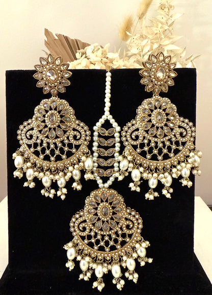 Gold & White Pears Earrings Tikka Set
