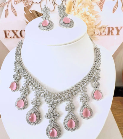 Silver & Pink American Diamond (AD) Set
