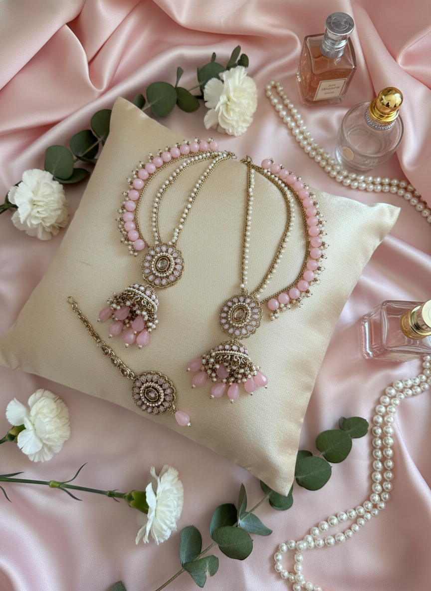 Pink & Gold Ear Chain Earrings