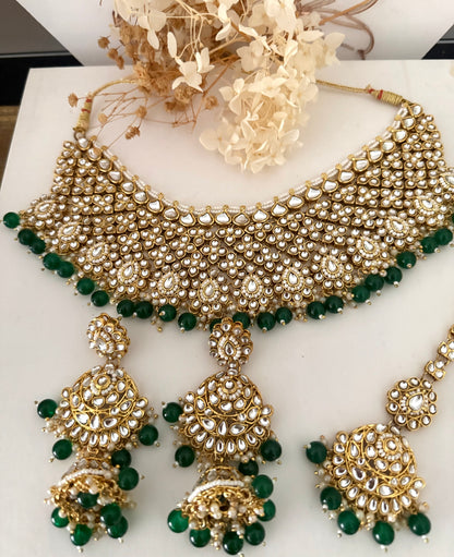 Semi Bridal Gold & Green Necklace Set