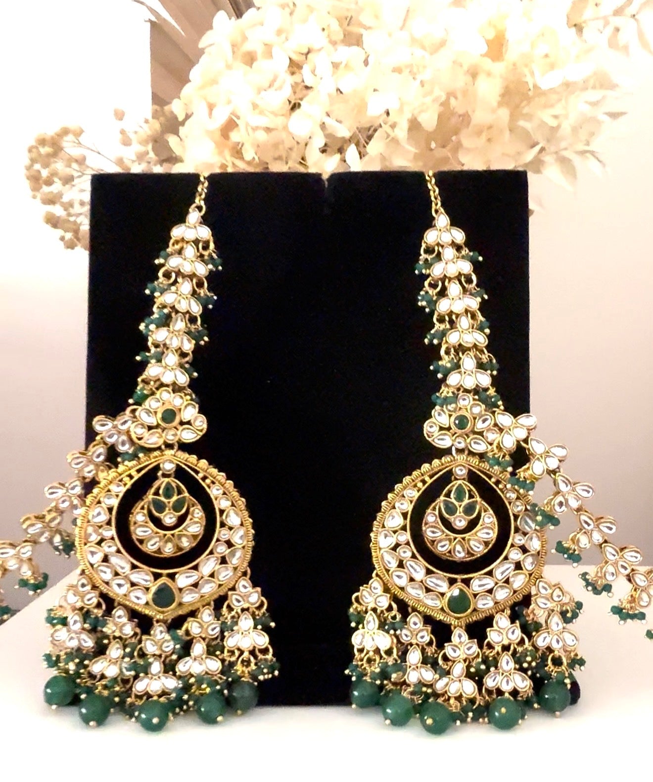 Gold & Green Pearls Ear Chain Earrings