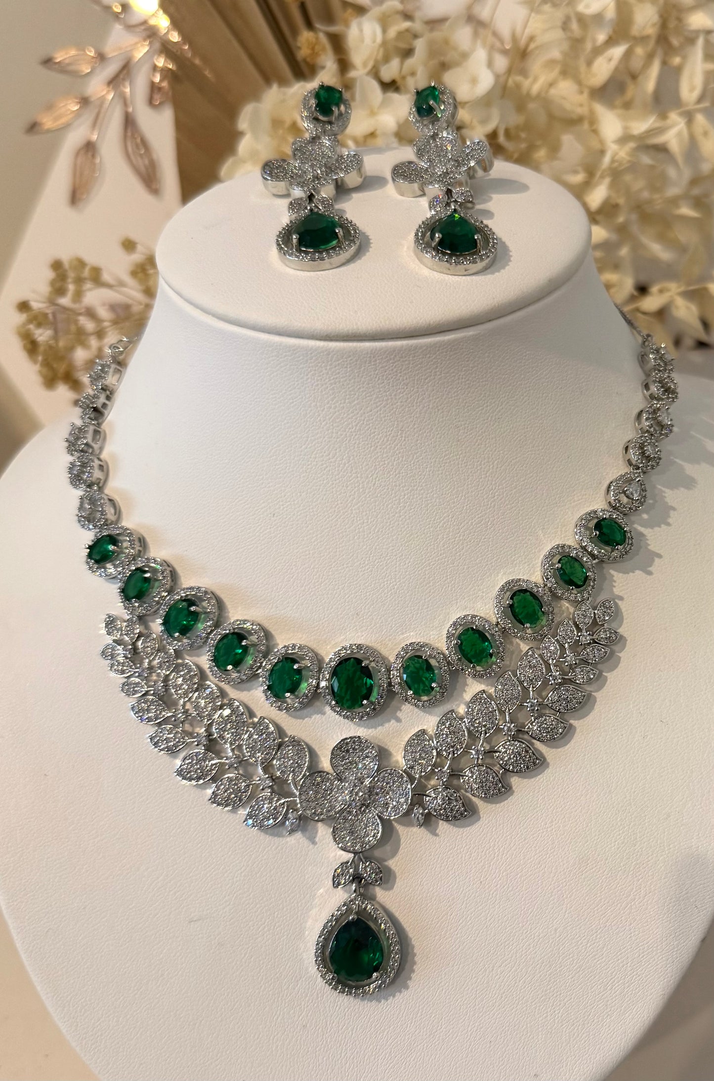 Silver & Green American Diamond (AD) Set