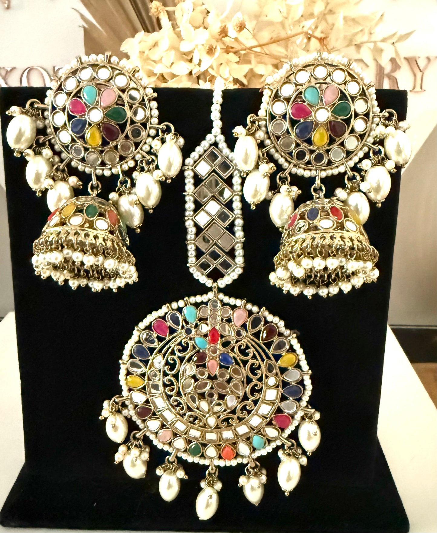 Multi Colour Jhumki Earrings & Tikka Set