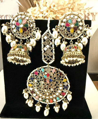Multi Colour Jhumki Earrings & Tikka Set