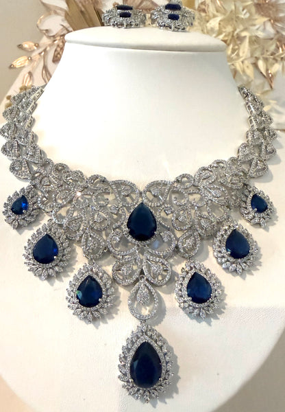 Silver & Navy Blue American Diamond (AD) Set