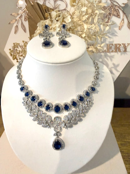 Silver & Navy Blue American Diamond (AD) Set