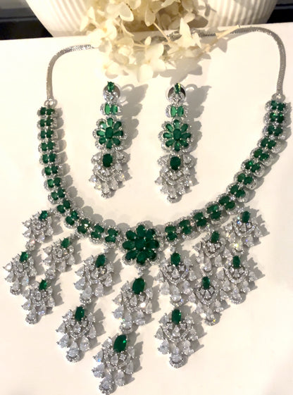 Silver & Green American Diamond (AD) Set