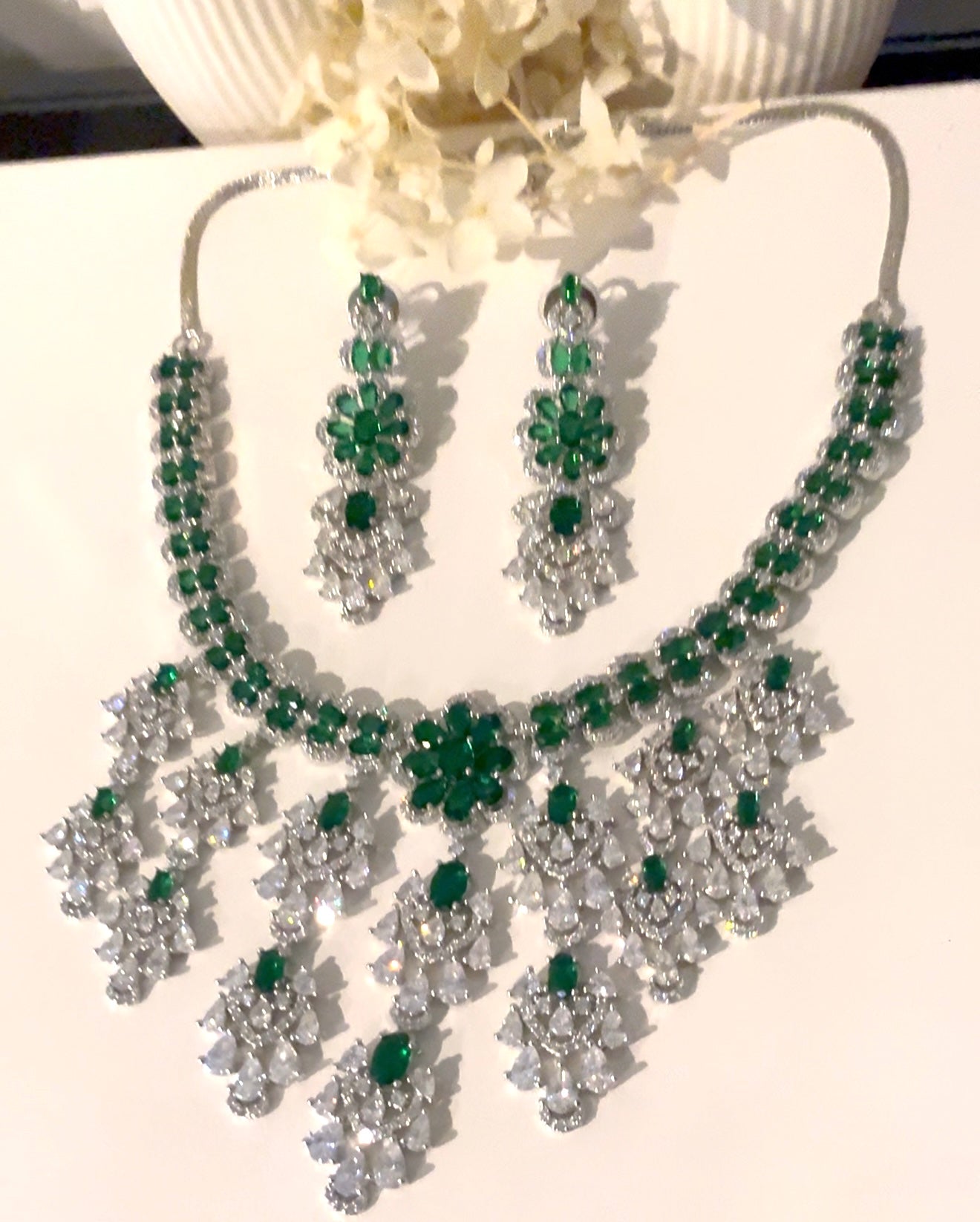 Silver & Green American Diamond (AD) Set