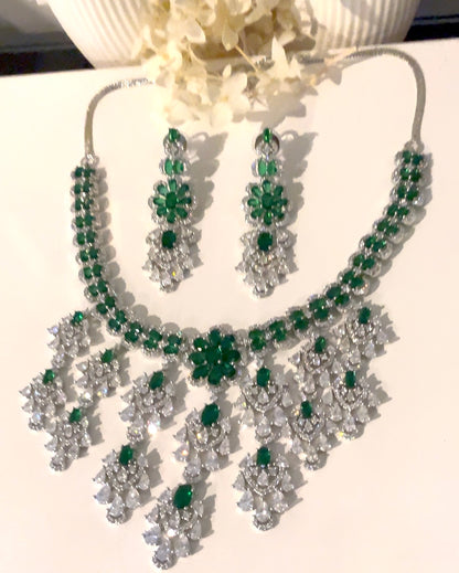 Silver & Green American Diamond (AD) Set