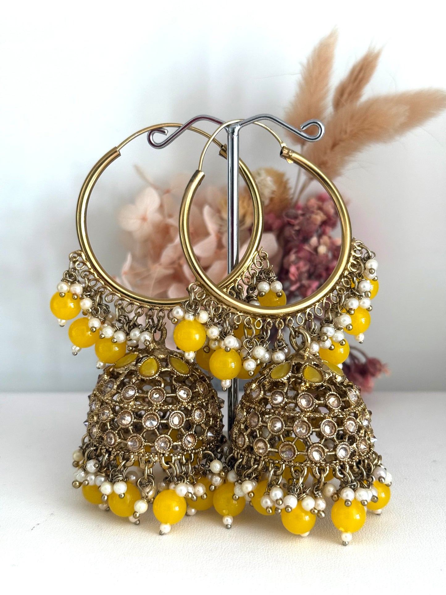 Gold Tone & Yellow Jhumki Earrings Tikka Set