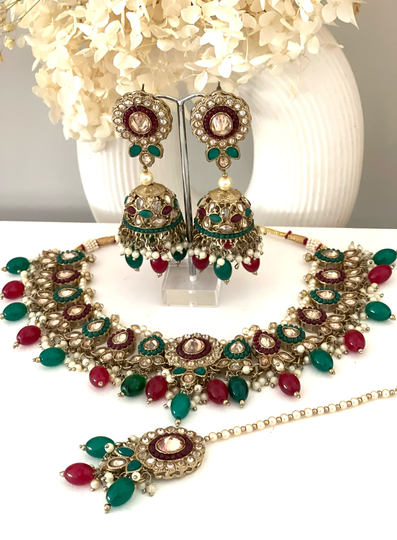Green & Maroon Two Tone Necklace Set