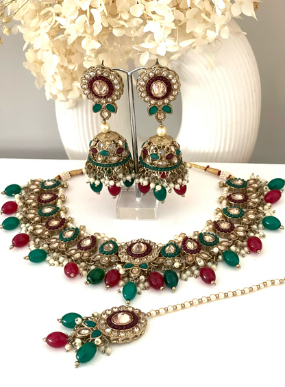 Green & Maroon Two Tone Necklace Set