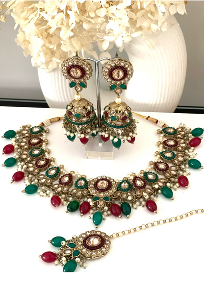 Green & Maroon Two Tone Necklace Set