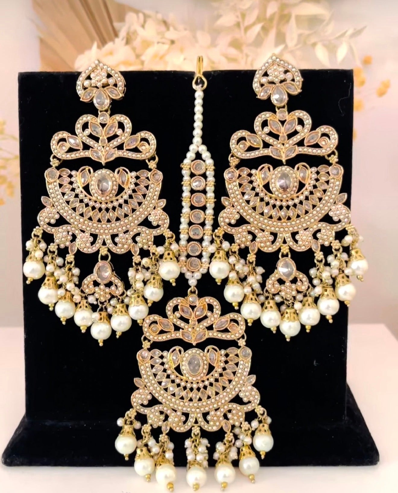 Gold & White Pears Earrings Tikka Set