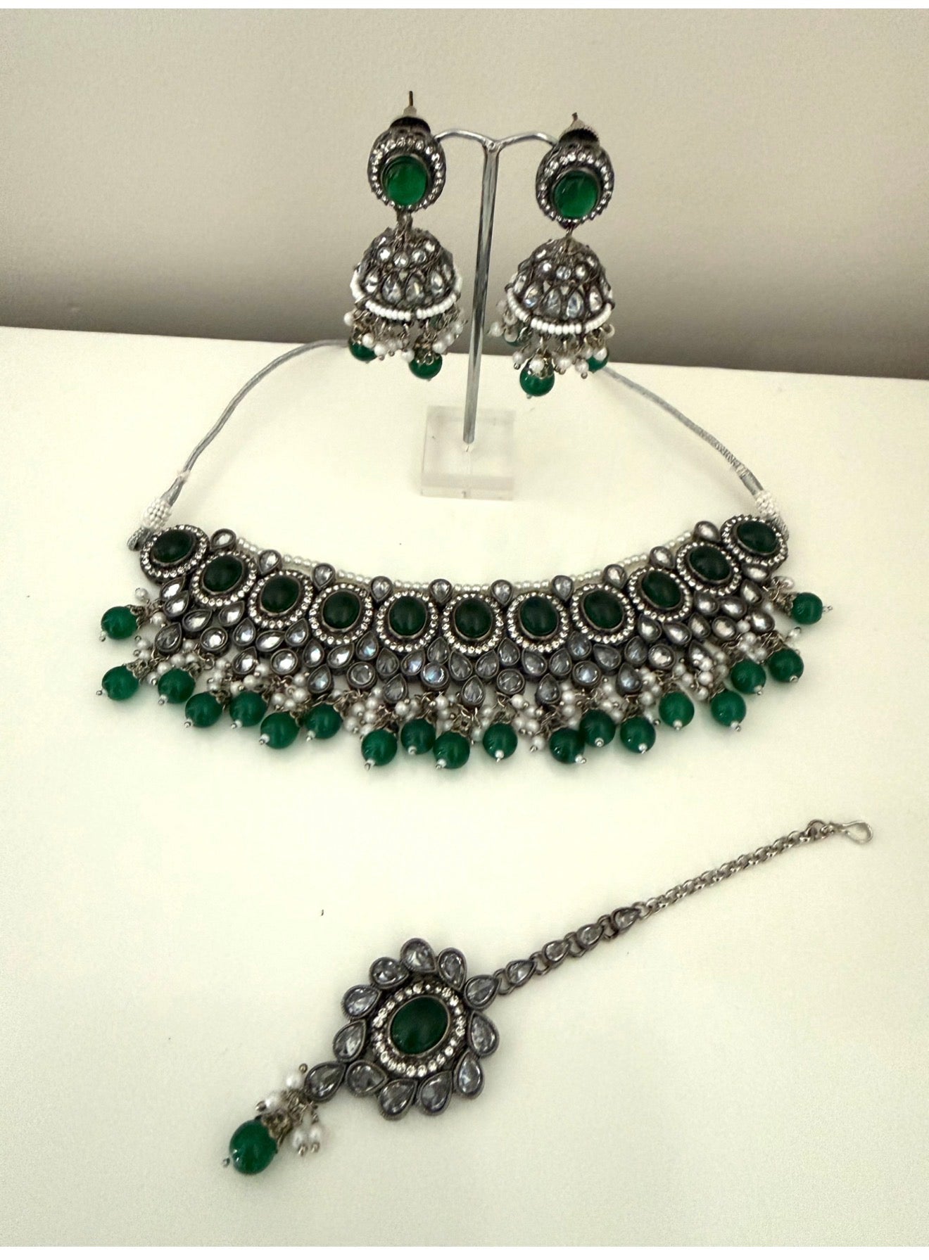 Green Grey & Silver  Choker Necklace Set