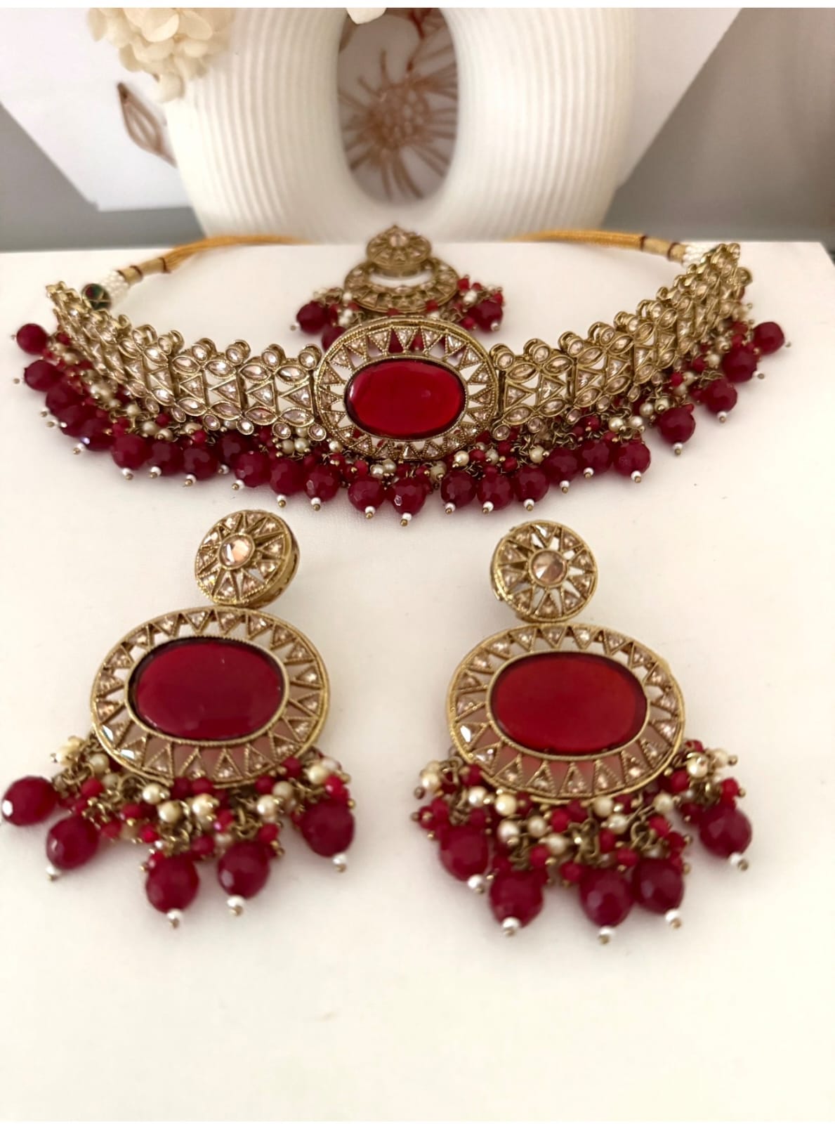Gold & Red Choker Necklace Set