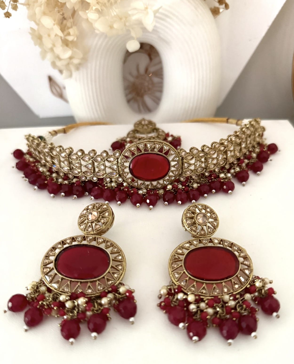 Gold & Red Choker Necklace Set
