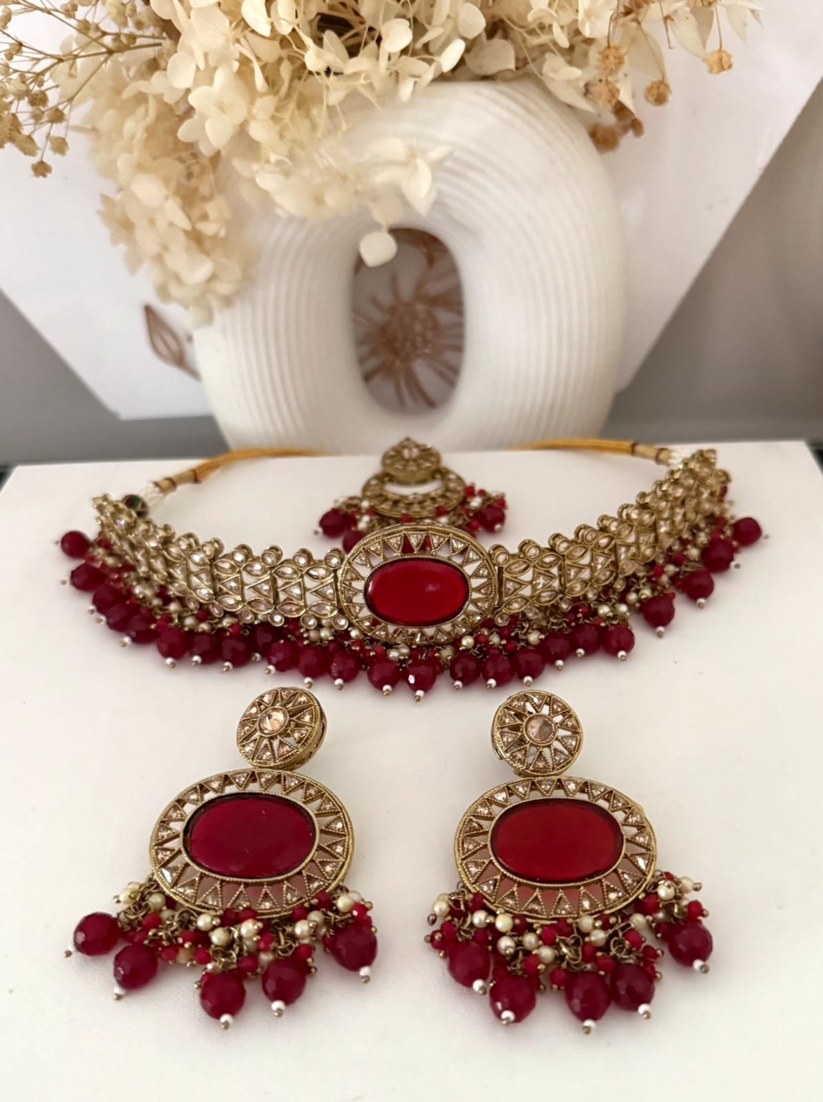Gold & Red Choker Necklace Set