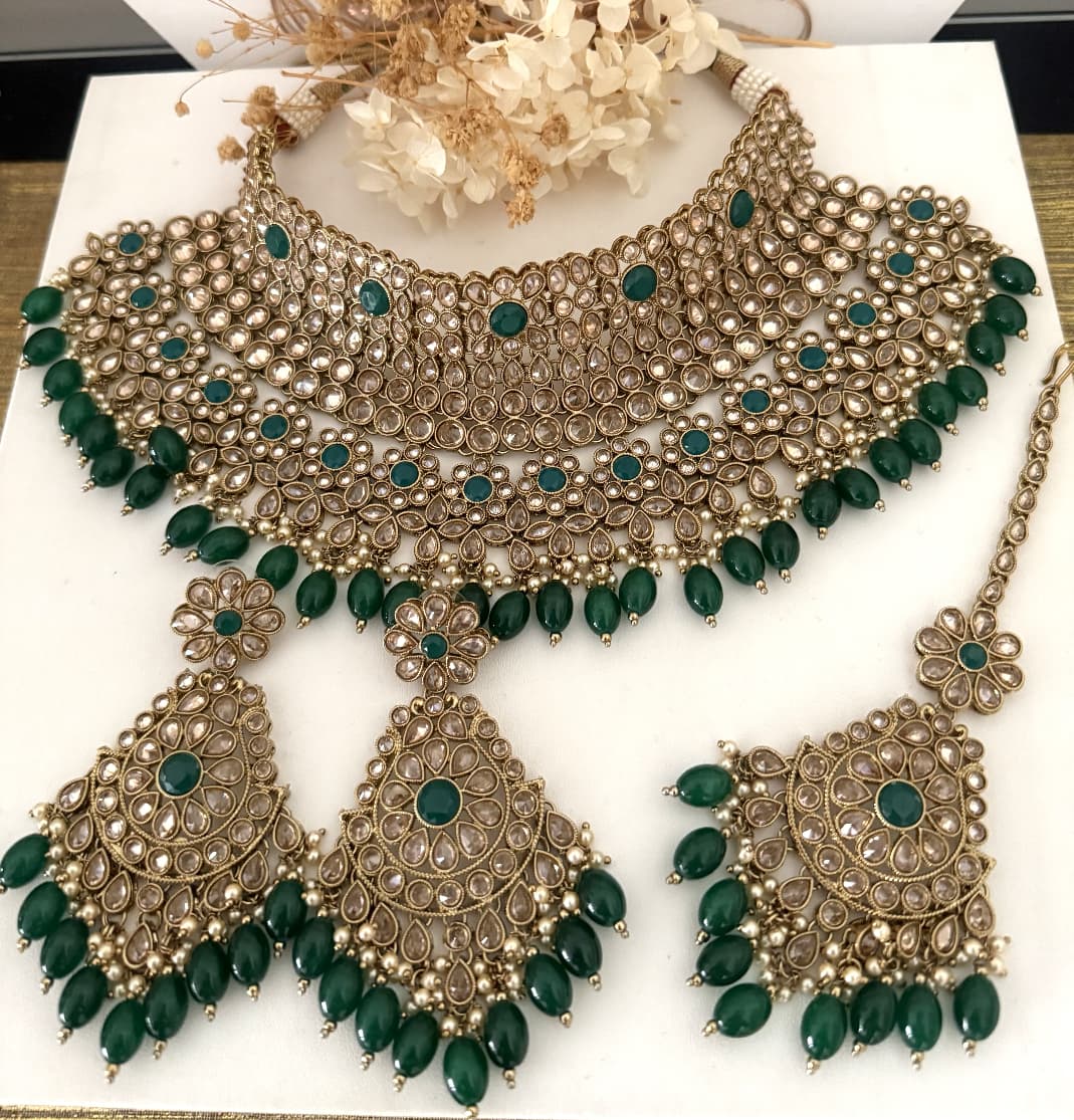 Gold & Green Choker Necklace Set