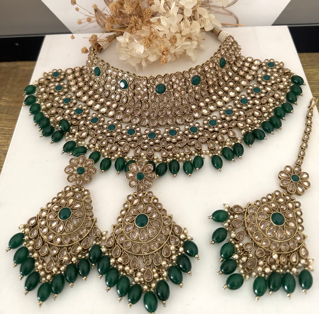 Gold & Green Choker Necklace Set