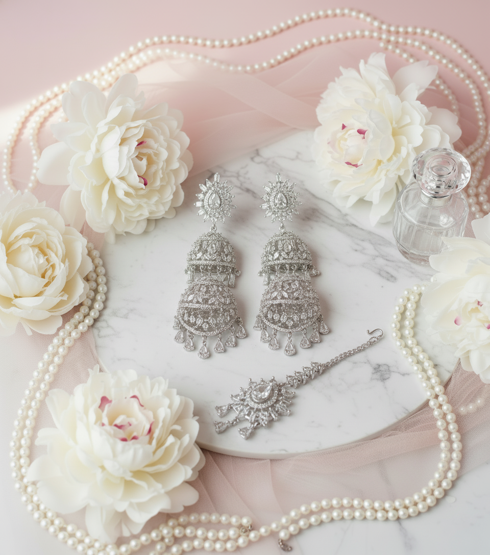 American Diamond Chandelier Earrings Set - Luxury Flat Lay