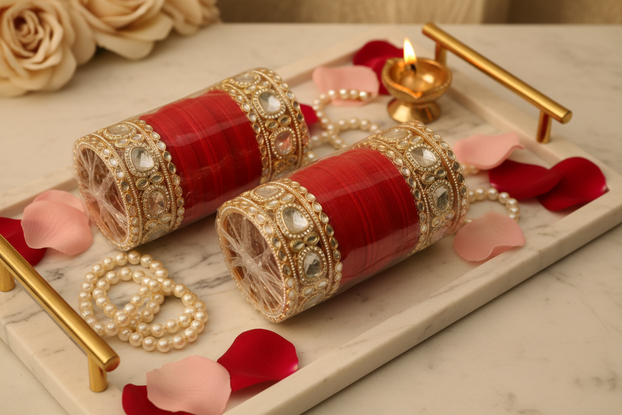 Bangles on Gold Tray with Rose Petals
