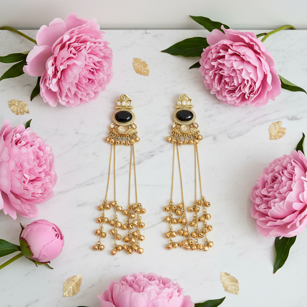 Black Stone Tassel Earrings – Luxury Flat Lay