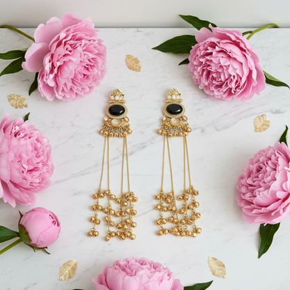 Black Stone Tassel Earrings – Luxury Flat Lay