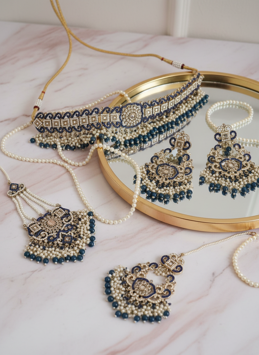 Blue Kundan Set - Blush Pink Marble Vanity