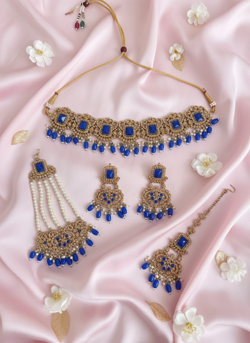 Blue Kundan Set - Pastel Pink Silk with Flowers