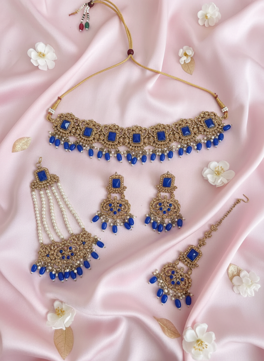 Blue Kundan Set - Pastel Pink Silk with Flowers