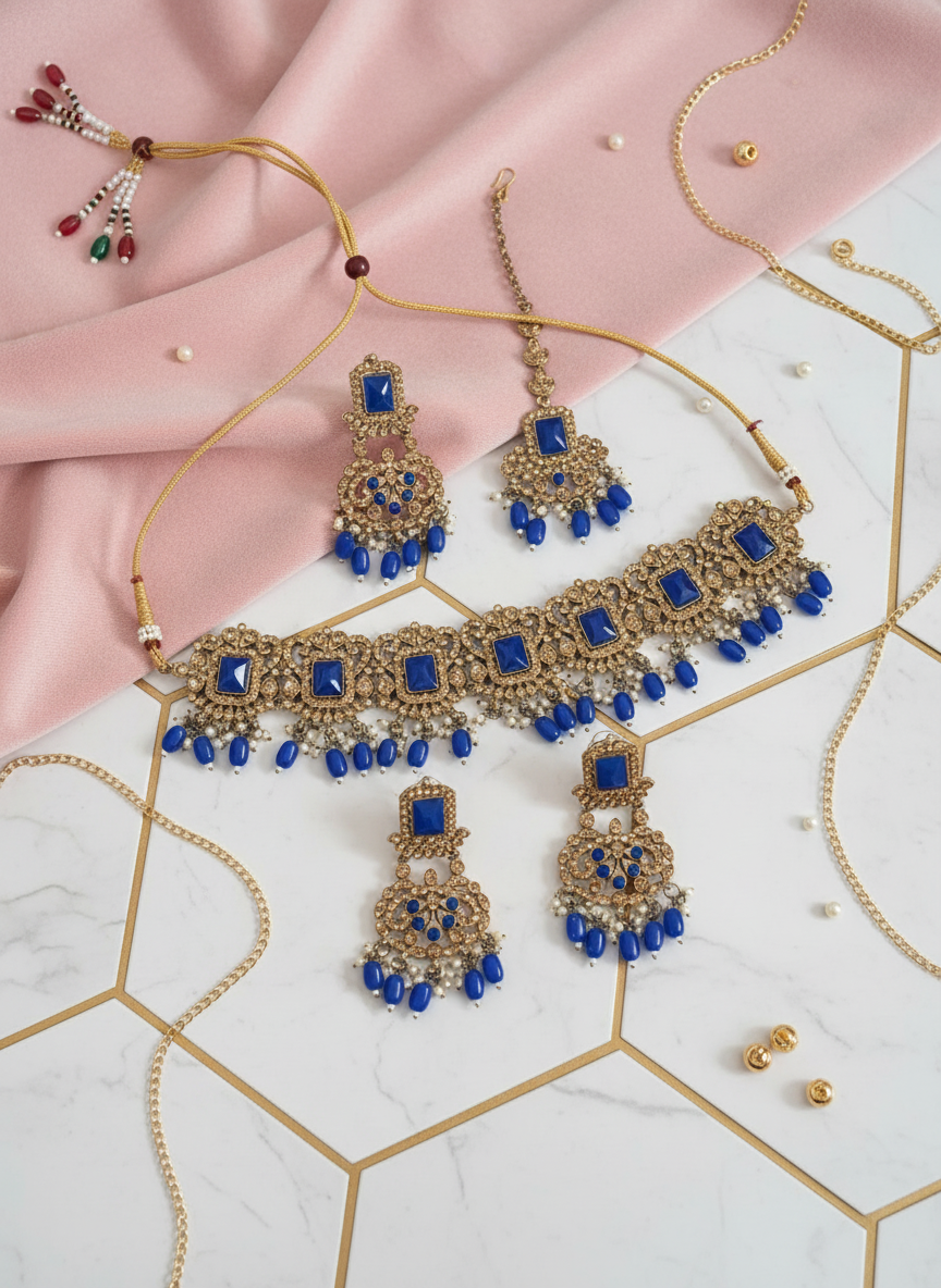 Blue Kundan Set - Pastel Pink Velvet with Marble