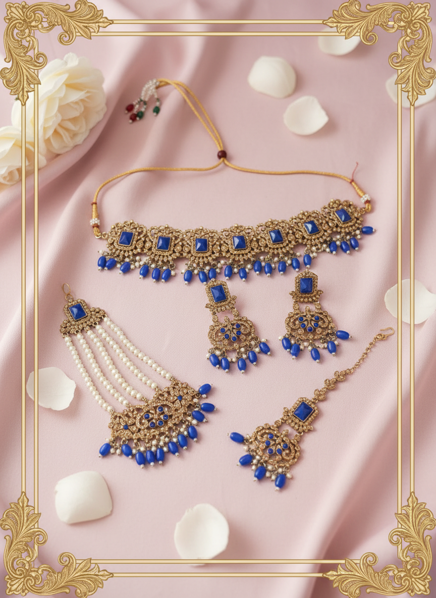 Blue Kundan Set - Pastel Pink with Rose Petals
