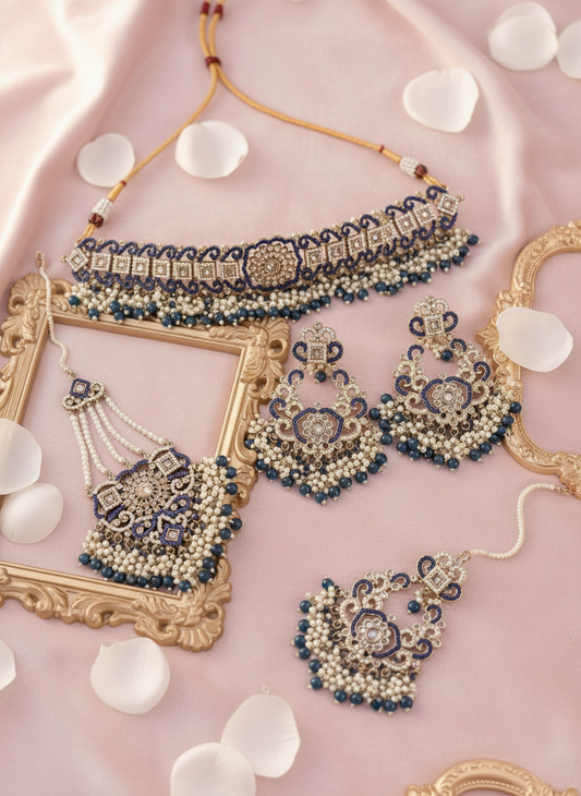 Blue Kundan Set - Pastel Pink with Rose Petals