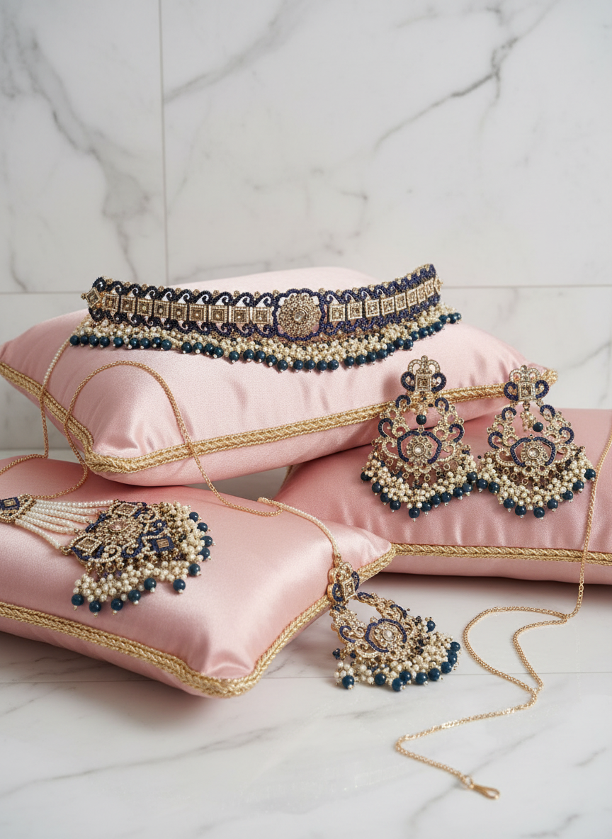 Blue Kundan Set - Pink Satin Cushions