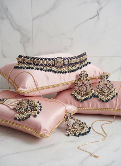 Blue Kundan Set - Pink Satin Cushions
