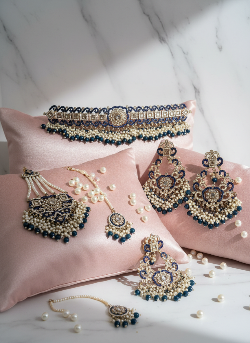 Blue Kundan Set - Pink Silk Cushions with Pearls