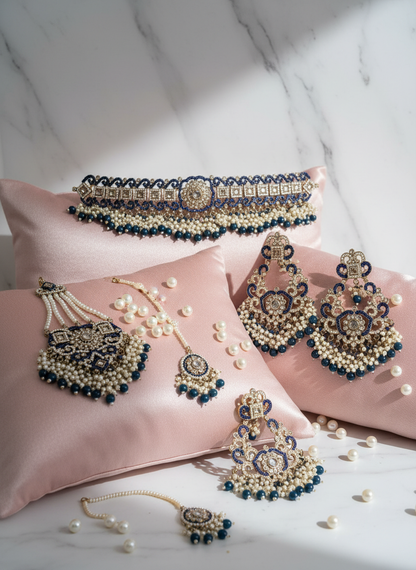 Blue Kundan Set - Pink Silk Cushions with Pearls