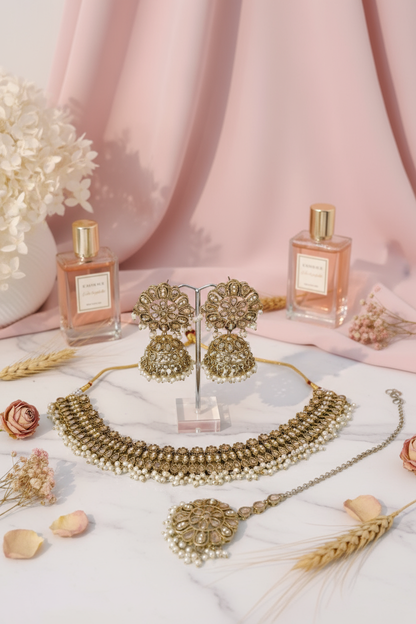Blush Pink Background with Perfume and Dried Flowers