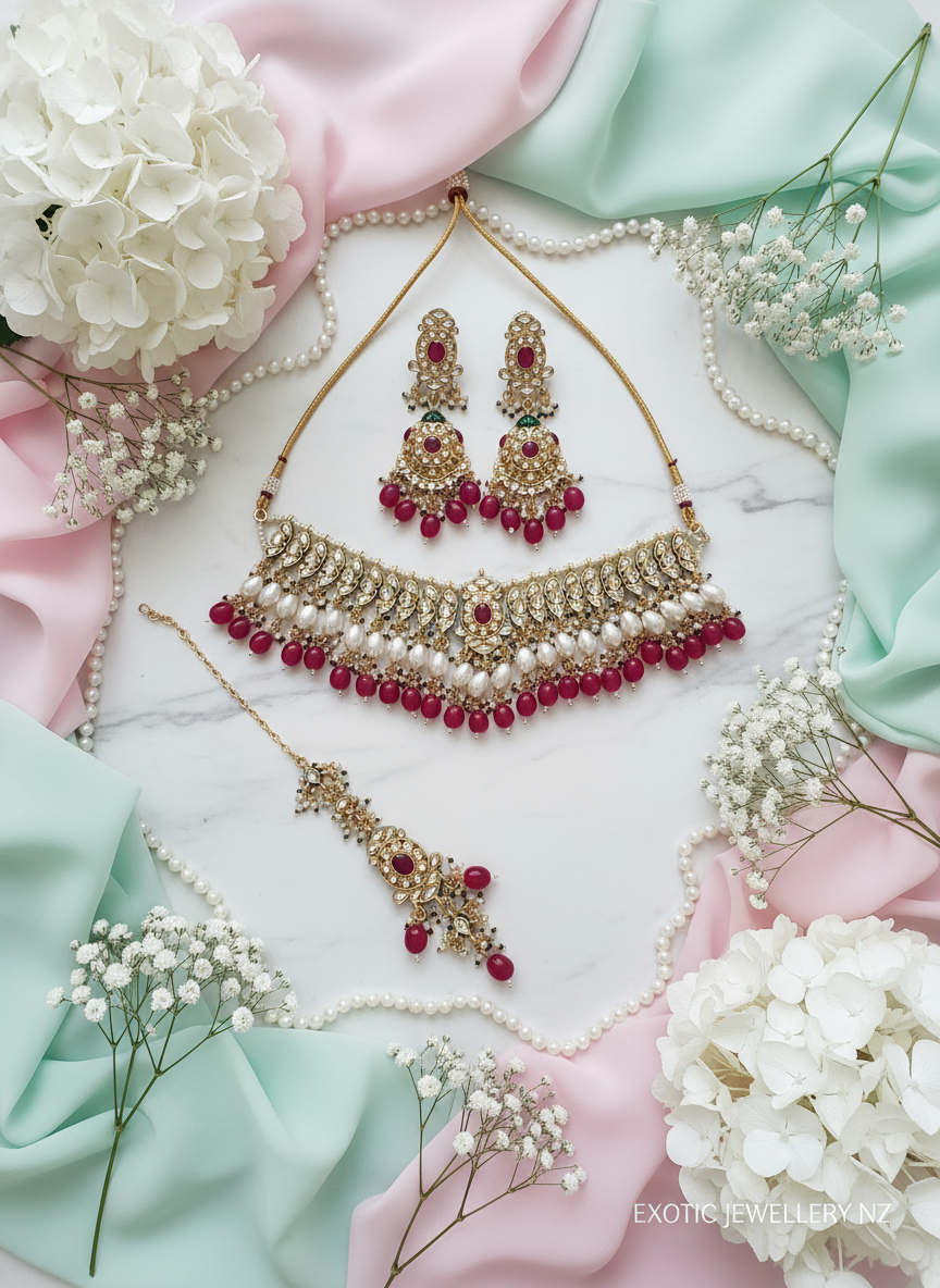 Bridal jewelry set with pastel flat-lay styling and watermark