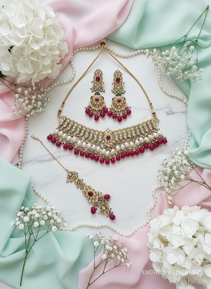 Bridal jewelry set with pastel flat-lay styling and watermark