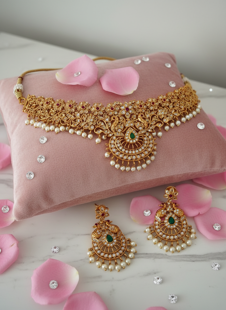 Cascading rose petals with diamonds