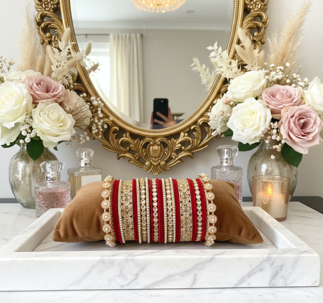 Centered Close-up Luxury Vanity Setup with Bridal Bangles