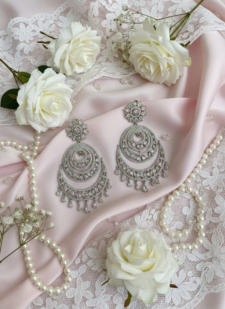 Chandbali earrings on silk and lace