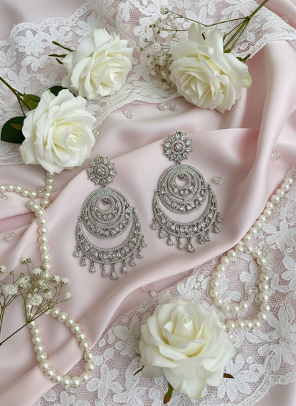 Chandbali earrings on silk and lace