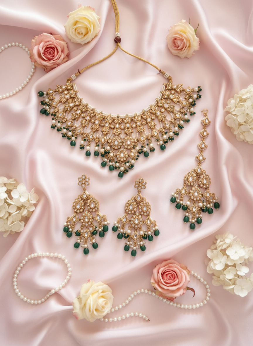 Complete Gold Green Kundan Set with Tikka - Pastel Pink Styling