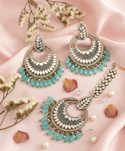 Complete silver chandbali set with maang tikka