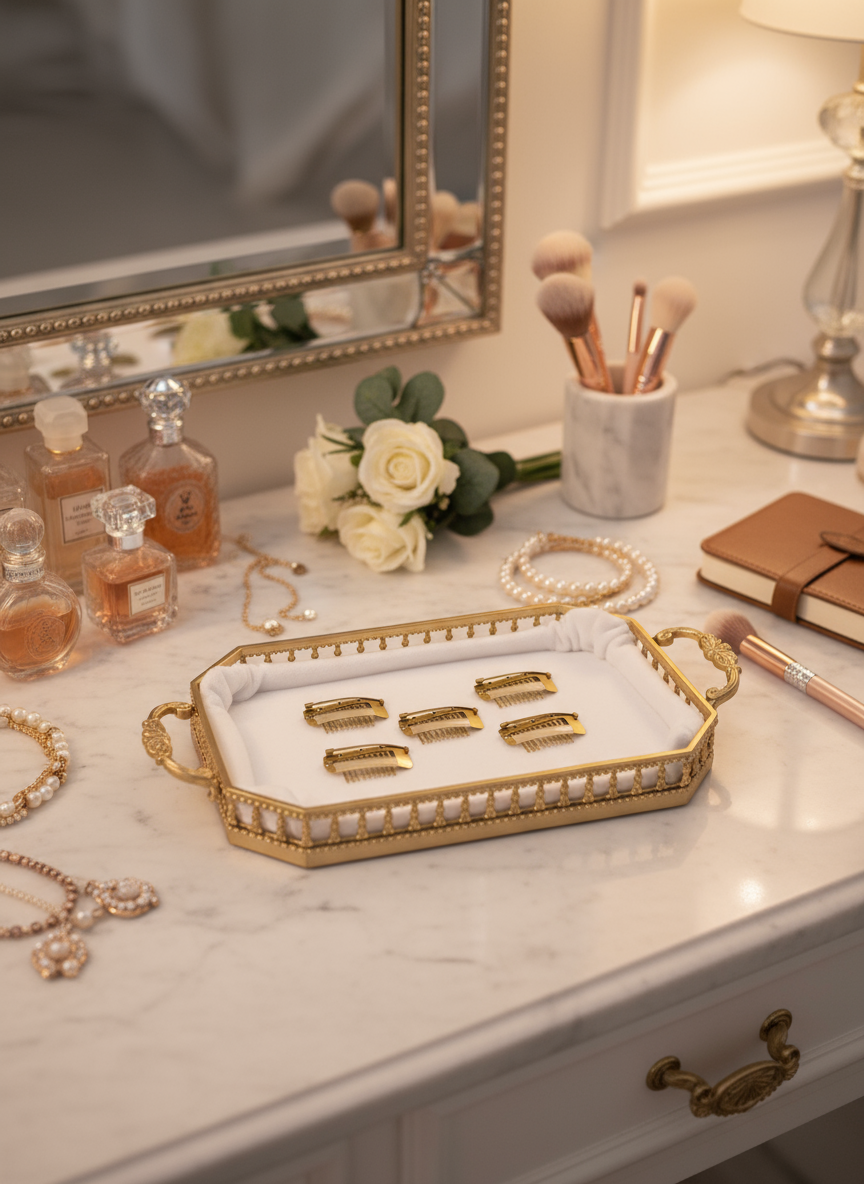 Dupatta Clips in tray with decorative vanity items