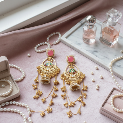 Earrings on pastel pink surface